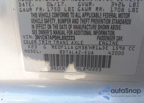 2017 Nissan Versa 1.6 S+ из США, поврежденный, VIN 3N1CN7AP0HL892223